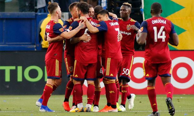 Real Salt Lake celebrate a goal during the second half against the Los Angeles Galaxy at Dignity He...