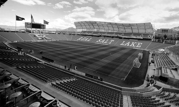 America First Field in Salt Lake City shown in black and white...