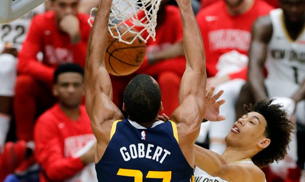 Utah Jazz center Rudy Gobert (27) dunks the ball against New Orleans Pelicans center Jaxson Hayes (...