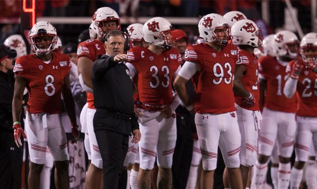 Head coach Kyle Whittingham of the Utah Utes signals for an officials review of a play against the ...