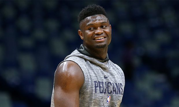 Zion Williamson #1 of the New Orleans Pelicans warms up before a preseason game against the Utah Ja...