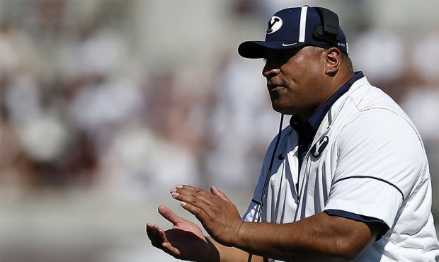 Head coach Kalani Sitake of the Brigham Young Cougars reacts during the first half of a game agains...