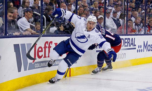 Ryan McDonagh #27 of the Tampa Bay Lightning skates after the puck in Game Four of the Eastern Conf...