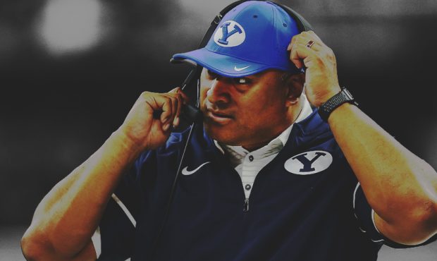 Head coach Kalani Sitake of the Brigham Young Cougars looks on as his team takes on the LSU Tigers ...