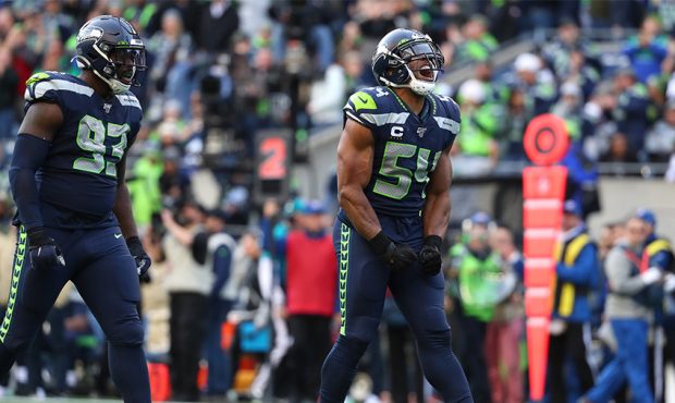 Bobby Wagner #54 of the Seattle Seahawks reacts after sacking Jameis Winston #3 of the Tampa Bay Bu...