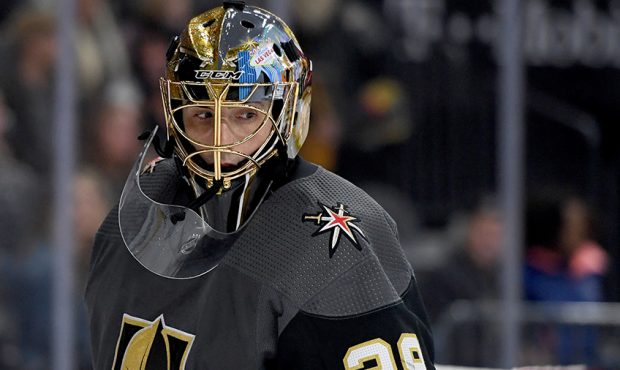 Marc-Andre Fleury #29 of the Vegas Golden Knights takes a break during a stop in play in the third ...