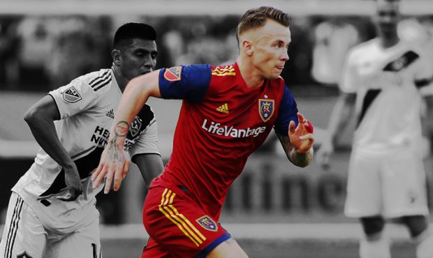 Albert Rusnak #11 of Real Salt Lake takes the ball down the field during a game against the Los Ang...