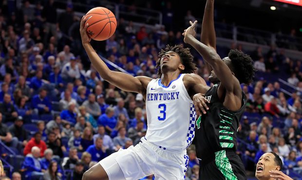 Tyrese Maxey #3 of the Kentucky Wildcats shoots the ball against the Utah Valley Wolverines at Rupp...