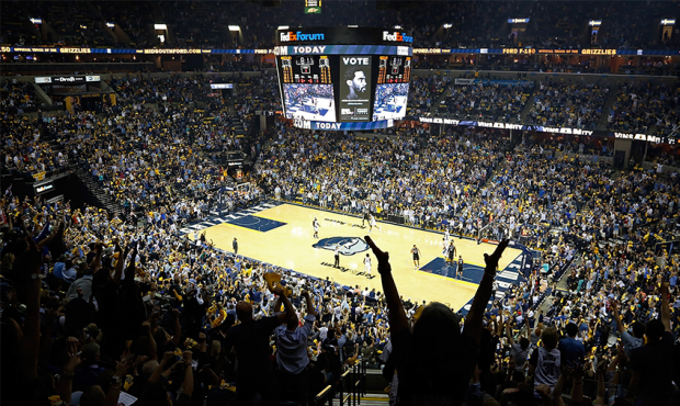 A general view of fans reacting after a basket is scored by the Memphis Grizzlies against the San A...