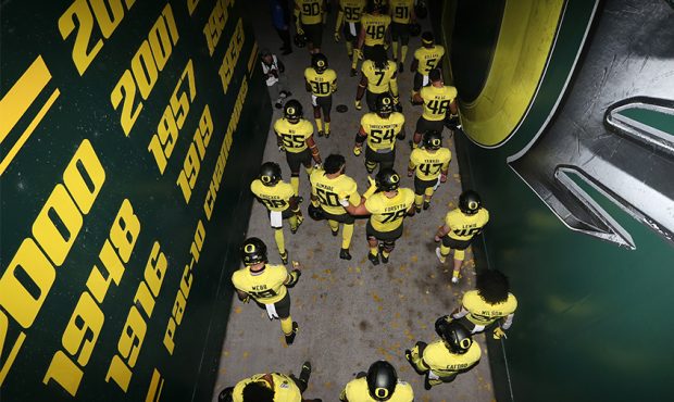 The Oregon Ducks head to the locker room prior to taking on the Arizona Wildcats during their game ...