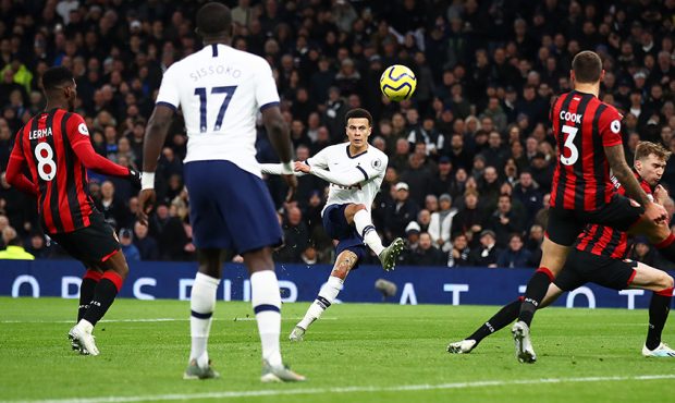 Dele Alli of Spurs shoots at goal during the Premier League match between Tottenham Hotspur and AFC...