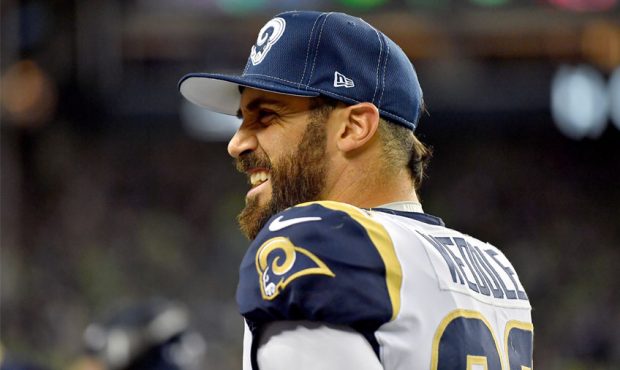 Eric Weddle #32 of the Los Angeles Rams shares a laugh during the game against the Seattle Seahawks...