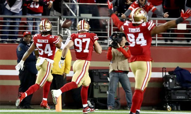 Middle linebacker Fred Warner #54 of the San Francisco 49ers returns an interception 46 yards in th...