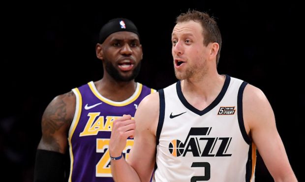 LOS ANGELES, CALIFORNIA - OCTOBER 25:  Joe Ingles #2 of the Utah Jazz argues a call in front of LeB...