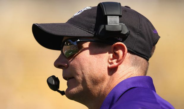 Head coach Jay Hill of the Weber State Wildcats stands on the sidelines during their game against t...