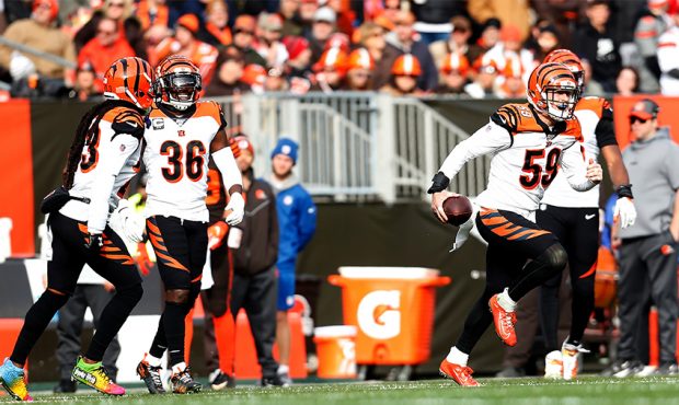 Nick Vigil #59 of the Cincinnati Bengals reacts after forcing and recovering a fumble during the fi...