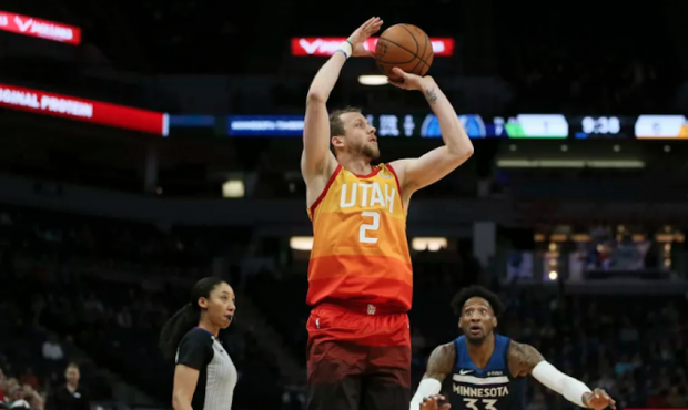Utah Jazz’s Joe Ingles shoots the ball in the first half of an NBA basketball game against the Mi...