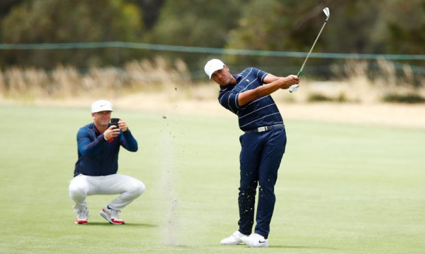 Tony Finau of the United States team practices ahead of the 2019 Presidents Cup at Royal Melbourne ...