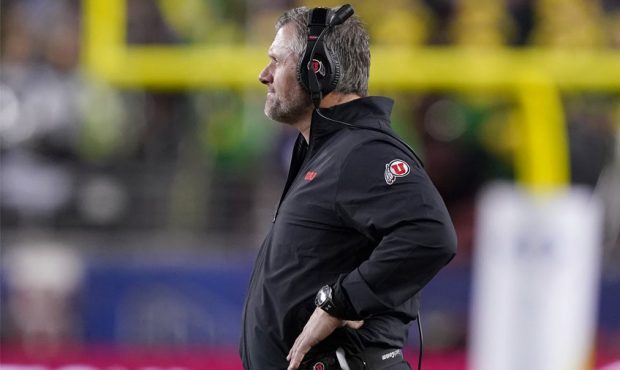 Head coach Kyle Whittingham of the Utah Utes shows a look of concern against the Oregon Ducks durin...