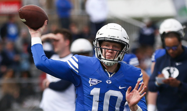 Brigham Young Cougars quarterback Joe Critchlow (10) shows a pass during BYU's Spring Game at the f...