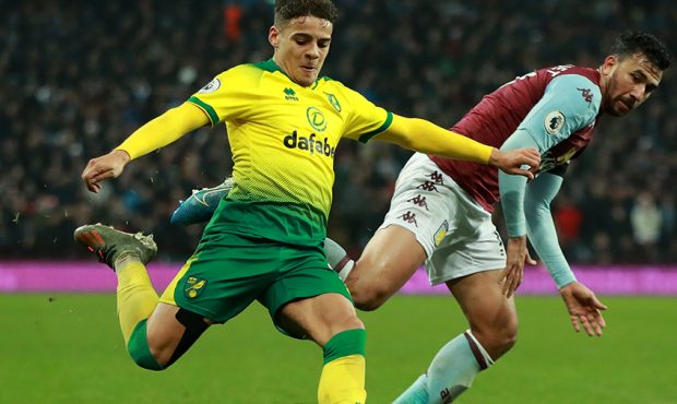 Max Aarons of Norwich City takes on Trezeguet during the Premier League match between Aston Villa a...