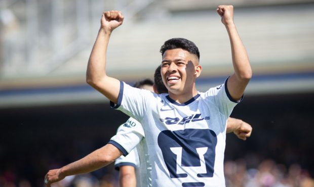 Sebastian Saucedo of Pumas celebrates after scoring the first goal of his team during the 1st round...
