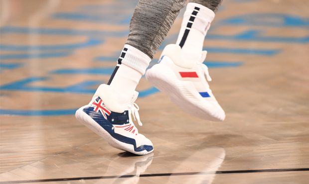 The sneakers of Donovan Mitchell #45 of the Utah Jazz before the game against the Brooklyn Nets at ...
