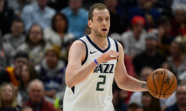Joe Ingles of the Utah Jazz brings the ball up the floor. (Photo by Alex Goodlett/Getty Images)...