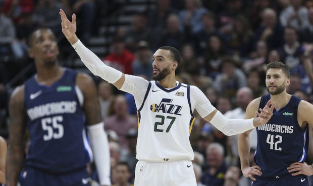 Utah Jazz center Rudy Gobert (27) protests a goal tending call in a game against the Dallas Maveric...