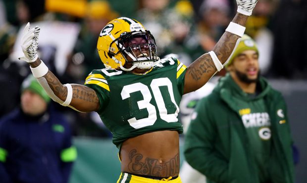 Jamaal Williams #30 of the Green Bay Packers reacts before the NFC Divisional Playoff game against ...