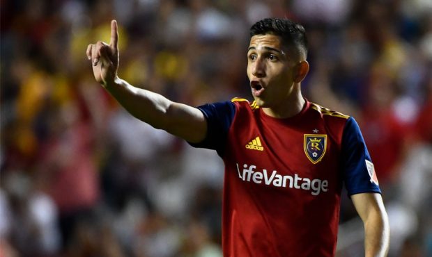 Jefferson Savarino #7 of Real Salt Lake argues a call during a quarterfinals the match of the Leagu...