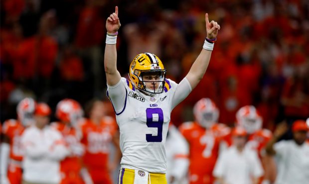 Joe Burrow #9 of the LSU Tigers reacts to a touchdown against Clemson Tigers during the third quart...