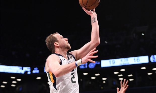 Joe Ingles #2 of the Utah Jazz in action against Taurean Prince #2 of the Brooklyn Nets at Barclays...