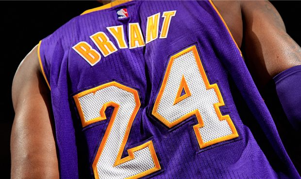 Detail of the jersey of Kobe Bryant #24 of the Los Angeles Lakers as he faces the Denver Nuggets at...