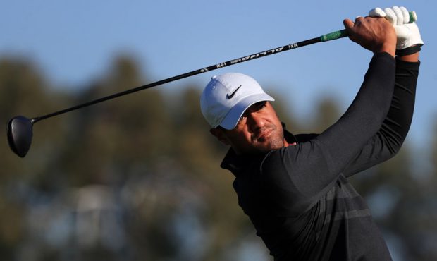 Tony Finau plays his shot from the second tee during the first round of the Farmers Insurance Open ...