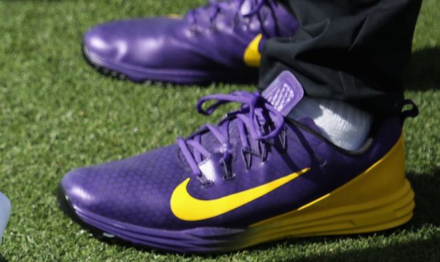 Detail of Kobe Bryant dedicated shoes worn by Bryson DeChambeau and Tony Finau during the first rou...