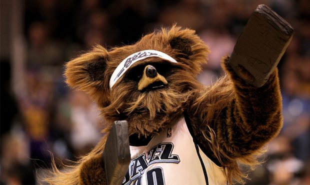 : The Utah Jazz mascot, Bear, performs during a time out of their game against the Denver Nuggets d...