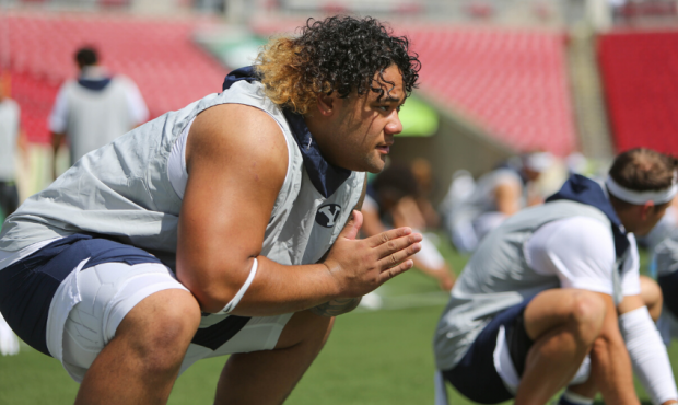 BYU's Khyiris Tonga warms up before a game with the University of South Florida in Tampa. (Robert W...