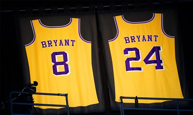 Lights illuminate the jerseys in tribute of former Los Angeles Laker shooting guard, NBA star, Kobe...