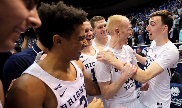 BYU players celebrate their win over Saint Mary’s in a West Coast Conference game in Provo at the...