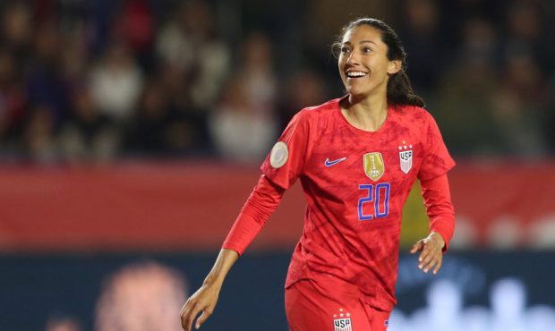 Christen Press #20 of USA celebrates after scoring her team's fourth goal during the semifinals gam...