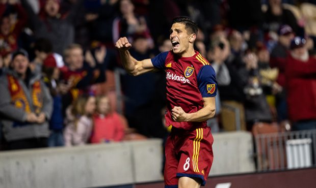 Damir Kreilach (8) celebrates after scoring a goal in the 55th minute of Real Salt Lake's match aga...