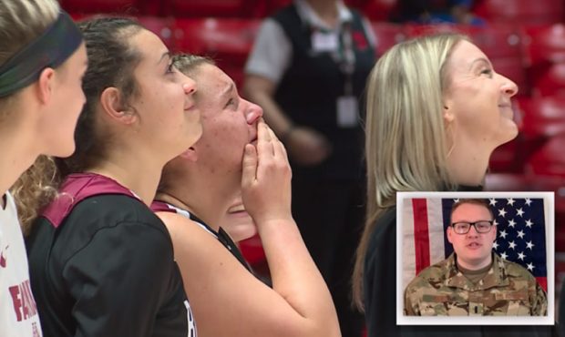 MHVS forward Nicole Riley reacts during her brother's surprise video before the UHSAA 5A state semi...