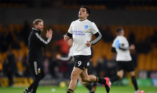 Raul Jimenez of Wolverhampton Wanderers warms up while wearing a shirt in support of the Heads Up c...