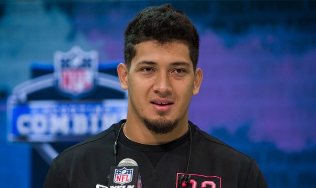 Utah defensive lineman Bradlee Anae answers questions from the media during the NFL Scouting Combin...