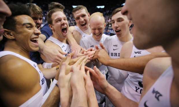 BYU celebrates a win over Saint Mary’s in an NCAA basketball game in Provo at the Marriott Center...