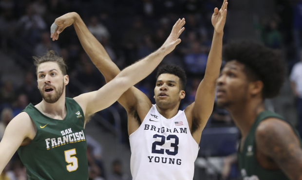 Brigham Young Cougars forward Yoeli Childs (23) hits a 3-pointer against San Francisco Dons center ...