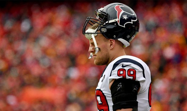 J.J. Watt #99 of the Houston Texans looks on from the sidelines during the AFC Divisional playoff g...