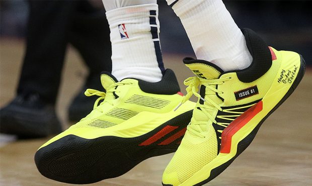 A view of the shoes worn by Donovan Mitchell #45 of the Utah Jazz at Smoothie King Center on Januar...