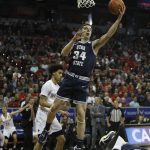LAS VEGAS, NEVADA - MARCH 07: Justin Bean #34 of the Utah State Aggies goes for the layup against the San Diego State Aztecs during the championship game of the Mountain West Conference basketball tournament at the Thomas & Mack Center on March 7, 2020 in Las Vegas, Nevada. (Photo by Joe Buglewicz/Getty Images)